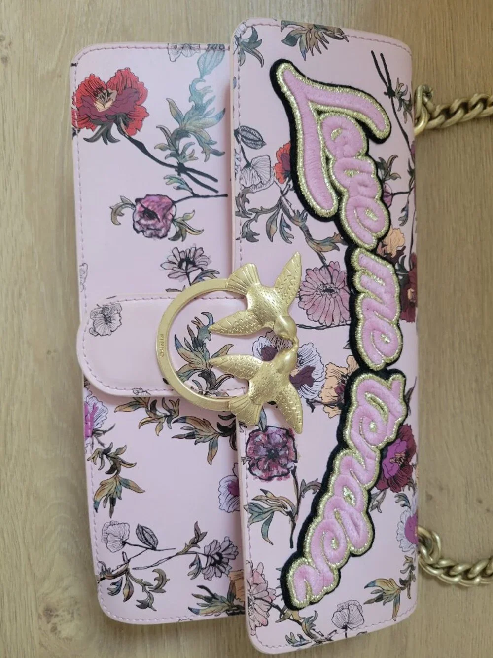 PINKO Love Me Tender Floral Crossbody Bag Pink Gold Chain Shoulder Purse